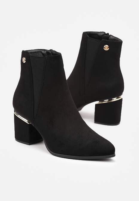Czarne Botki z Niskiem w Szpic z Ozdobnym Słupkiem Velourio