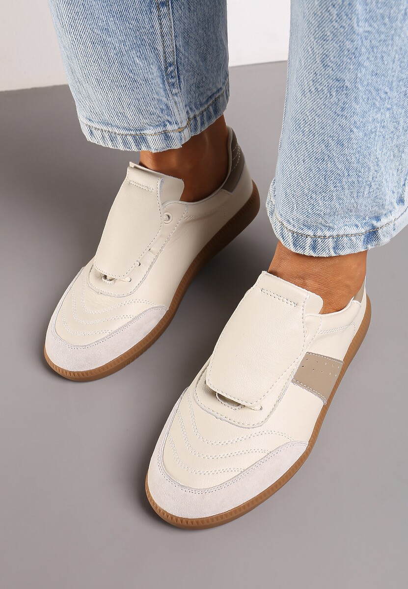 Beżowe Sneakersy na Płaskiej Podeszwie ze Skóry Wykończone Zamszową Wstawką Milirae