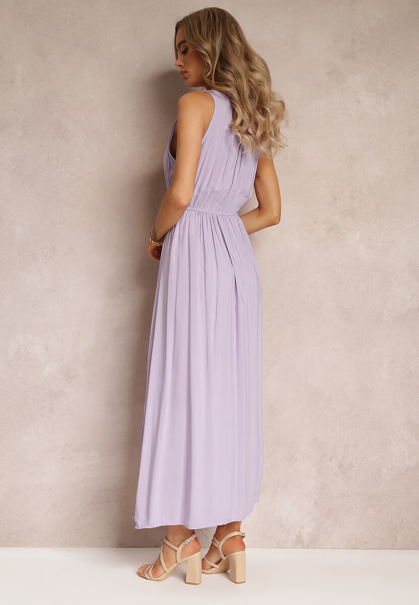 Fioletowa Wiskozowa Sukienka z Gumką w Talii Na Ramiączkach Suzias