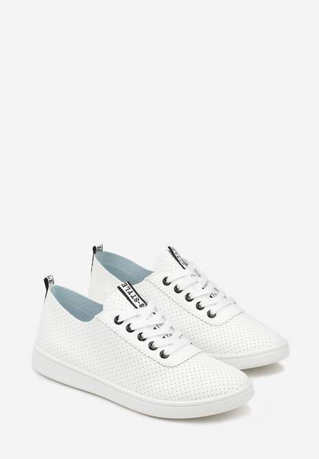 Biało-Czarne Tenisówki Ozdobione Taśmą z Napisem na Języku i Pięcie Cholewka z Perforacją Aelita