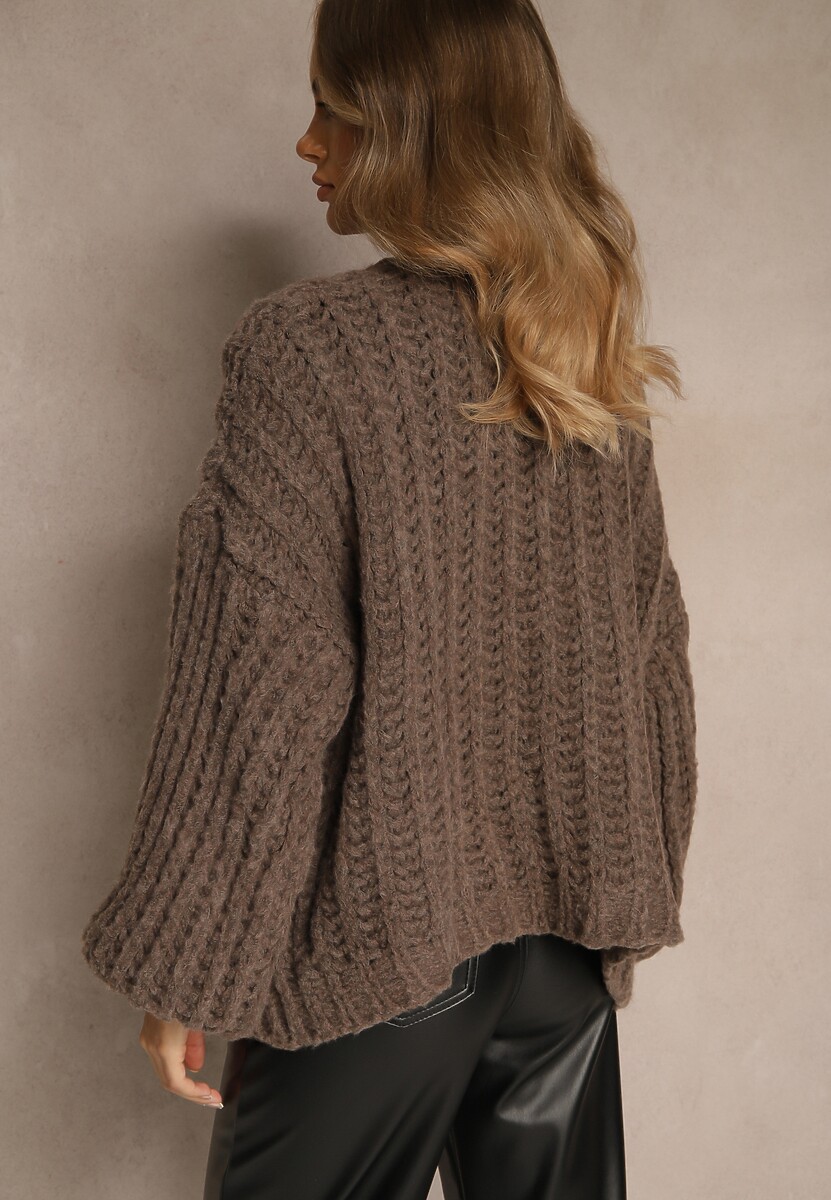 Brązowy Oversizowy Kardigan Bez Zapięć z Dodatkiem Wełny i Wiskozy Titanesa