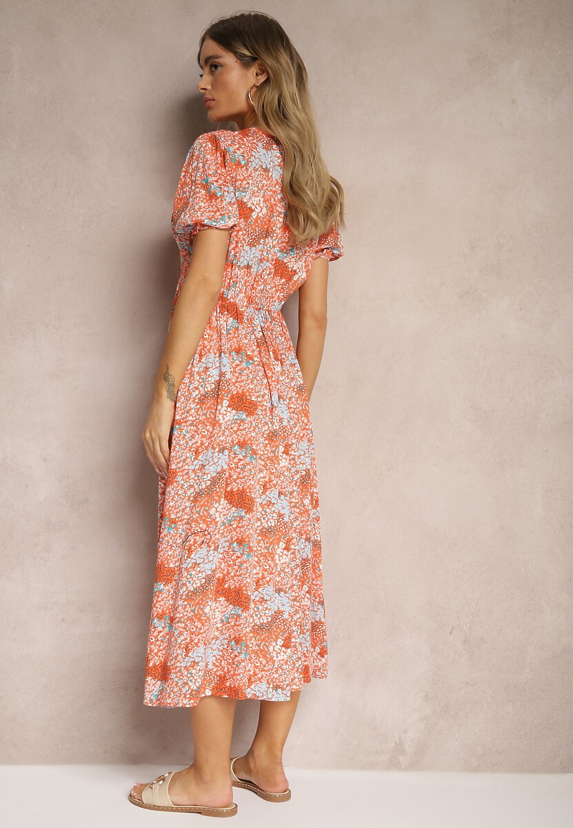 Pomarańczowa Wiskozowa Sukienka Midi z Krótkimi Rękawami i Głębokim Dekoltem Emsle