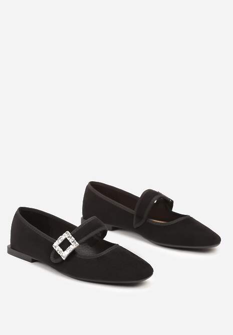 Czarne Balerinki na Płaskiej Podeszwie Zapinane na Rzep z Cyrkoniową Klamrą Evalitha