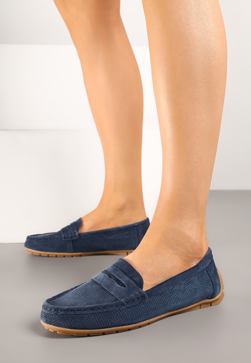 Zielone Mokasyny ze Skóry Naturalnej Zdobione Perforacją Revaya