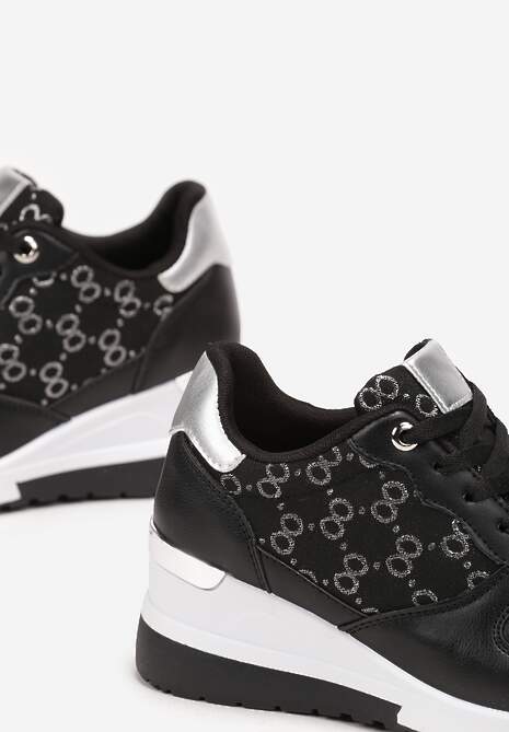 Czarne Sneakersy na Koturnie z Metaliczną Wstawką Derine