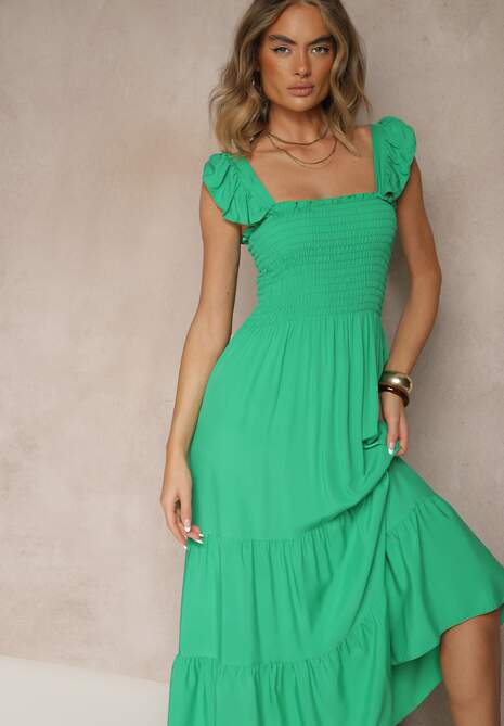 Zielona Sukienka z Bawełny na Ramiączkach Ozdobiona Falbanami i Gumkami Mevalys