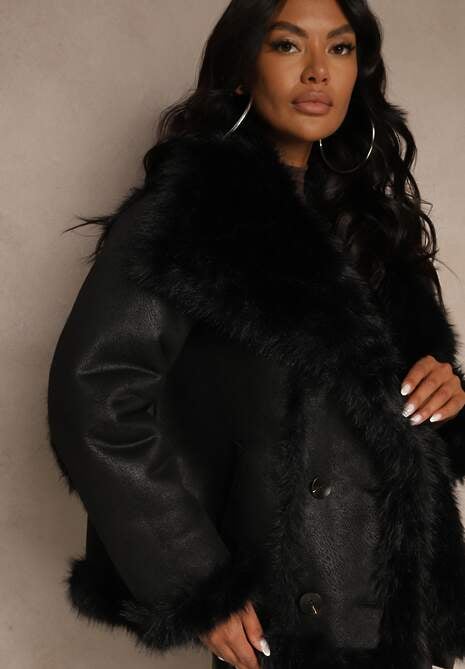 Czarna Dwustronna Kurtka Biker Ozdobiona Futerkiem Flitta