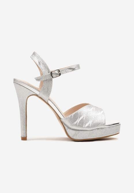 Srebrne Sandały Szpilki z Platformą w Abstrakcyjny Wzór Lisanitia
