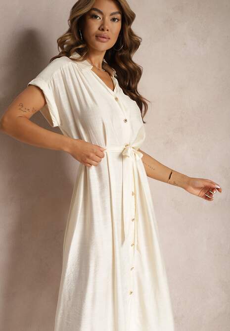 Beżowa Rozkloszowana Sukienka o Koszulowym Kroju Ozdobiona Paskiem w Talii i Guzikami Rosofia