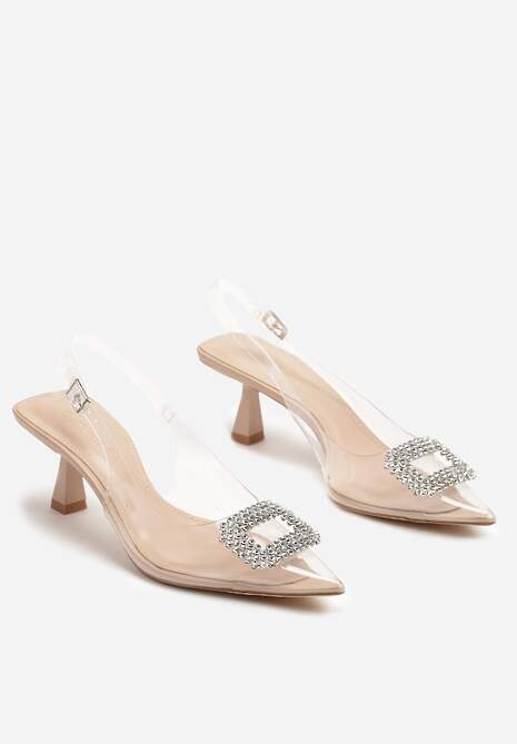 Beżowo-Białe Przezroczyste Sandały na Kaczuszce Ozdobione Cyrkoniami Nalavithe
