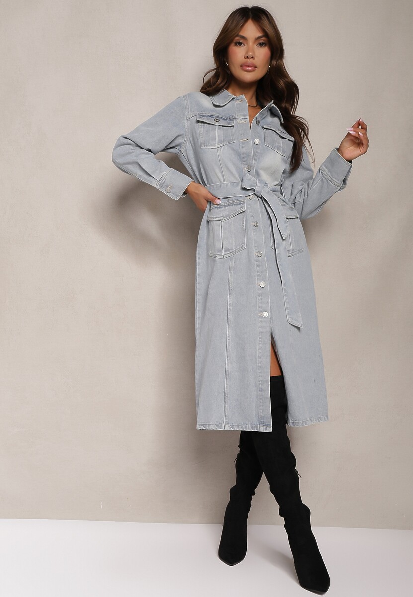 Jasnoniebieska Bawełniana Sukienka Jeansowa o Koszulowym Fasonie z Paskiem i Kieszeniami Dettia