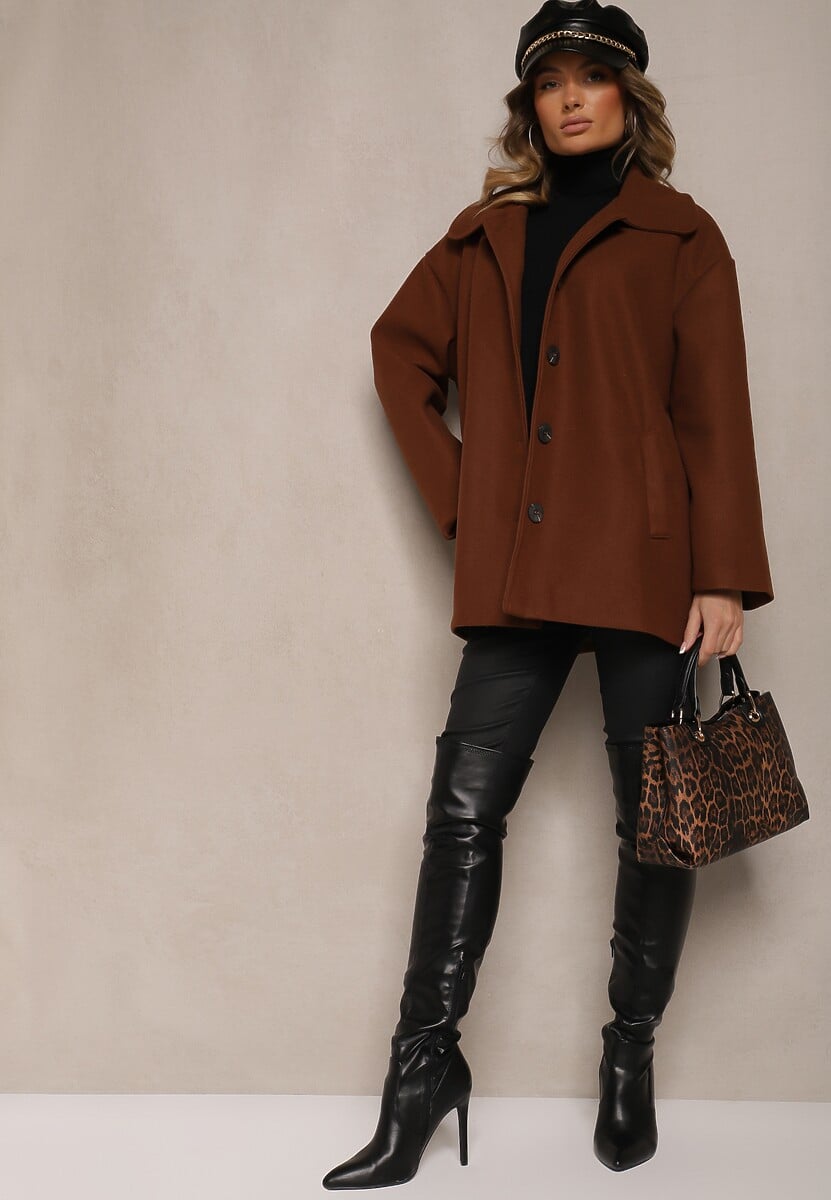 Brązowy Jednorzędowy Płaszcz Dyplomatka z Kieszeniami Morenama