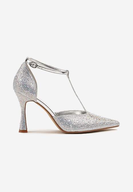 Srebrne Cyrkoniowe Sandały na Szpilce ze Szpiczastym Noskiem Ulonella