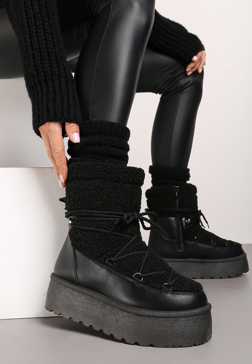 Czarne Sznurowane Śniegowce Vices na Platformie z Futerkiem Ravorelle