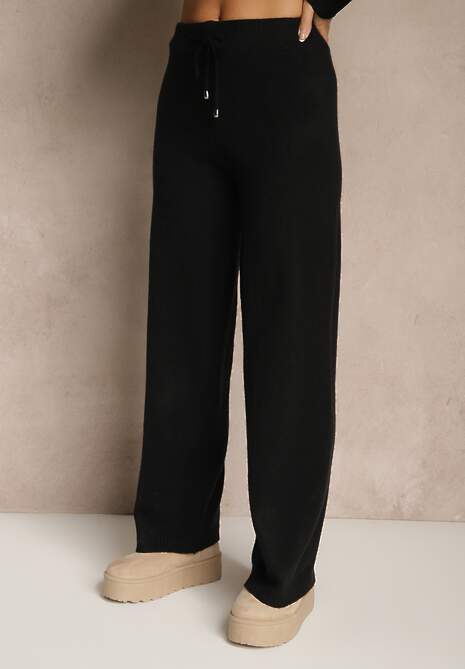 Czarny Komplet z Dzianiny z Wełną Pasiasty Sweter i Spodnie Ralleia