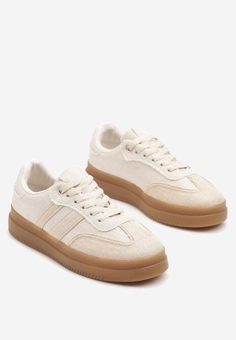 Beżowe Sneakersy Tenisówki Ozdobione Paskami Falaviela