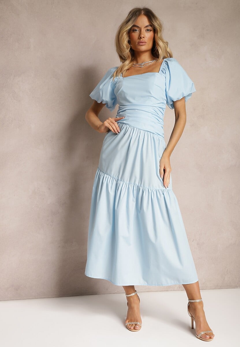 Niebieska Sukienka z Marszczeniem i Wiskozą Ozdobiona Bufiastymi Rękawami i Falbanką Monvia