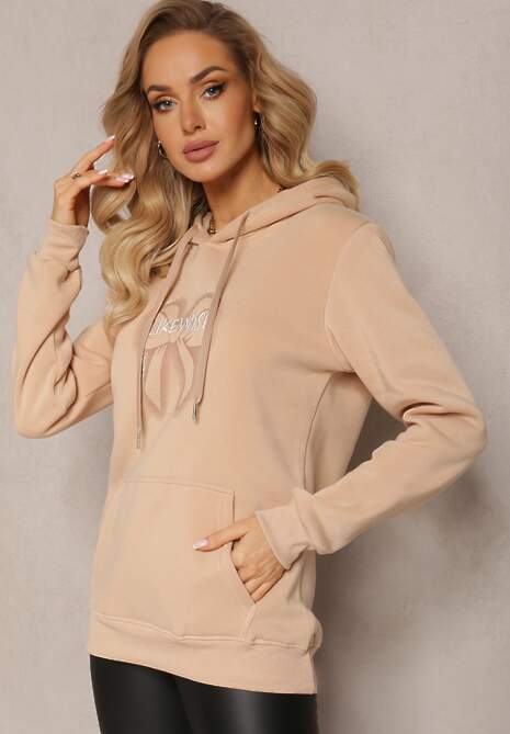 Beżowa Bluza Wykończona Polarem z Nadrukiem i Kapturem Nimba