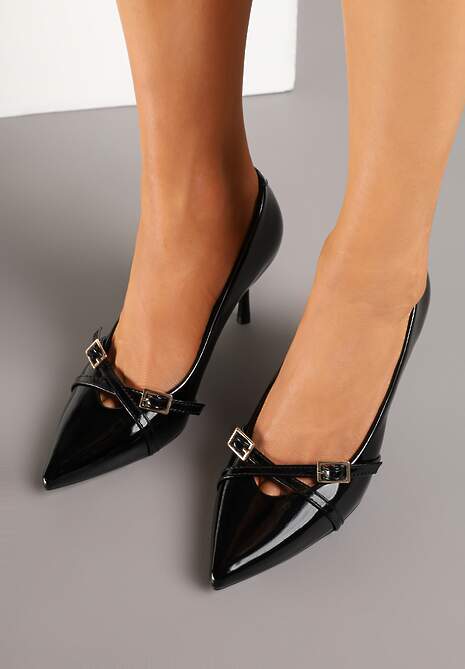 Czarne Lakierowane Szpilki Vices z Klamrami i Paskami Tamirella