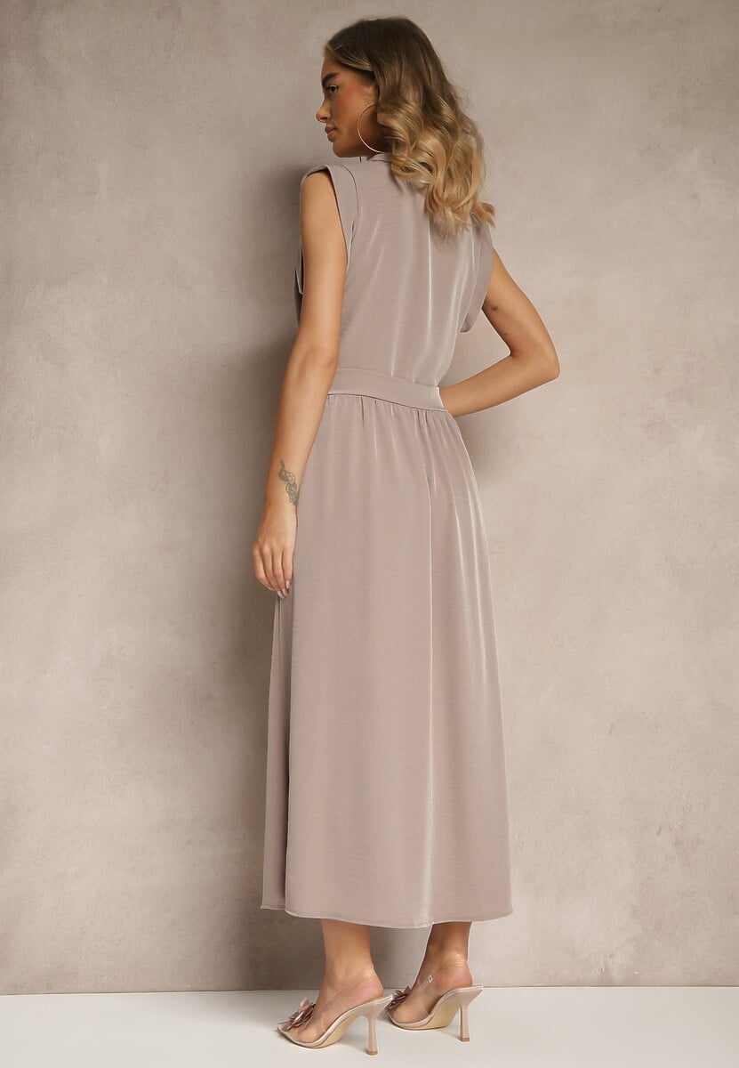 Brązowa Sukienka z Paskiem Koszulowa o Rozkloszowanym Fasonie Mavoselle