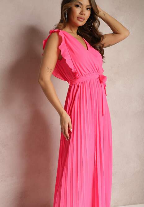 Różowa Wiskozowa Sukienka Maxi z Plisowaniem o Rozkloszowanym Kroju i Kopertowym Dekolcie Fliceris