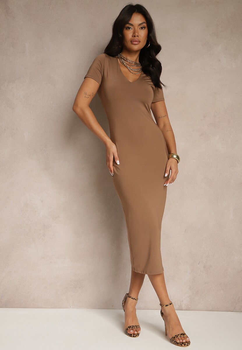 Czerwona Sukienka Bodycon o Dopasowanym Kroju z Dekoltem w V Efrerina