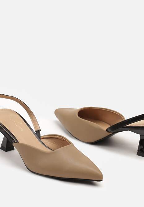 Ciemnobeżowe Sandały na Obcasie Typu Kaczuszka z Odkrytą Piętą Dolrera