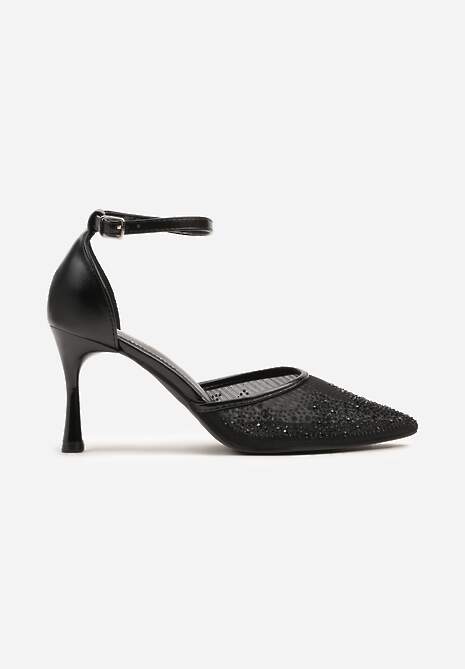 Czarne Sandały Szpilki z Siateczkowym Noskiem w Szpic Zdobionym Cyrkoniami Alirenda