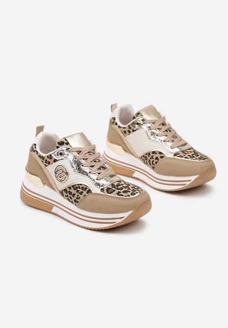 Ciemnobeżowe Sneakersy Ozdobione Wzorem w Panterkę z Metalicznymi Zdobieniami na Platformie Gonnella