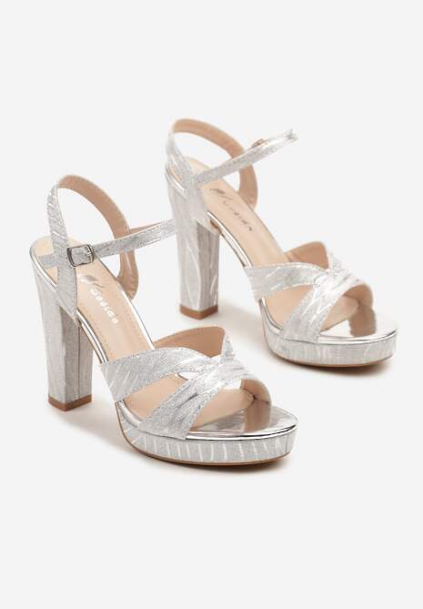 Srebrne Sandały na Słupku i Platformie z Brokatem Toliranna