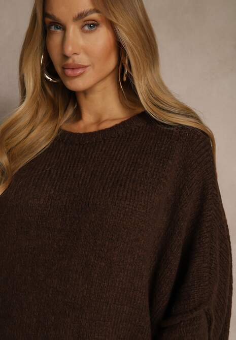 Brązowy Sweter Oversize z Wełną i Wiskozą Fedolina