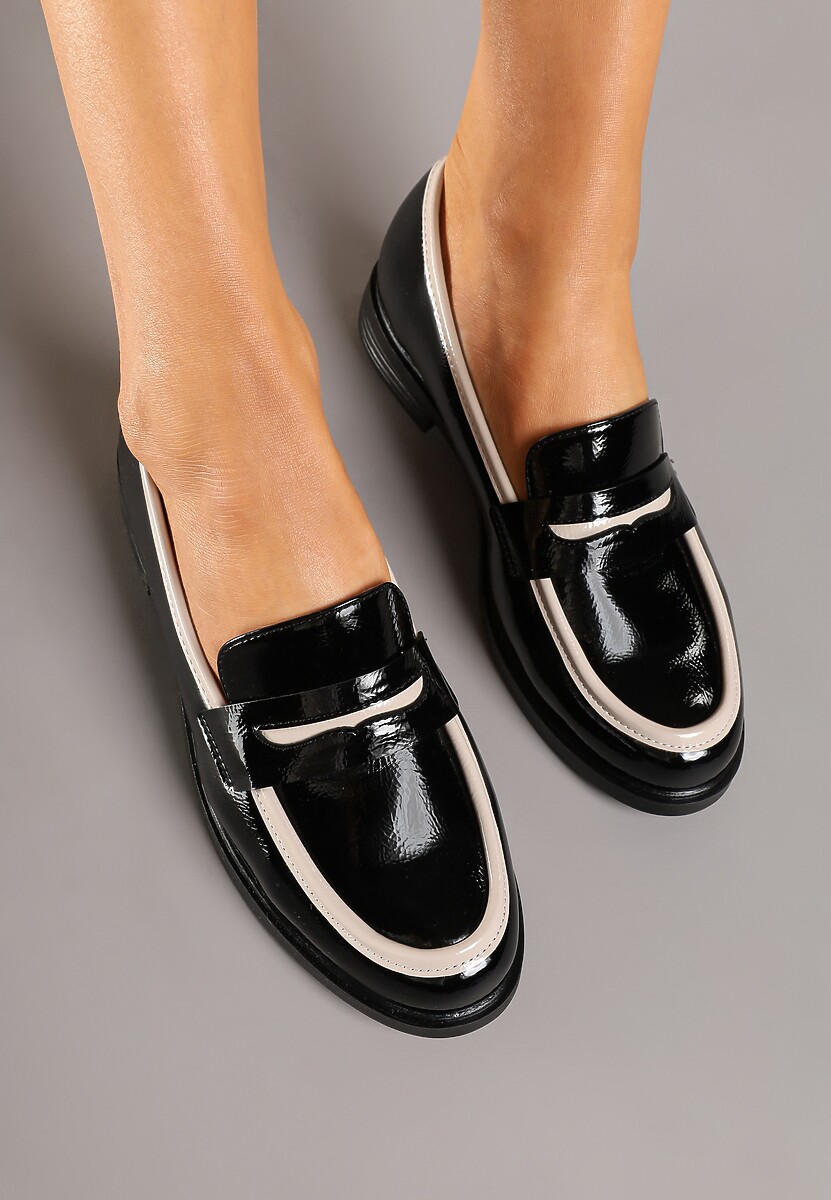 Czarne Mokasyny z Lakierowanym Połyskiem Skórzaną Wkładką i Lamówką Nusavina