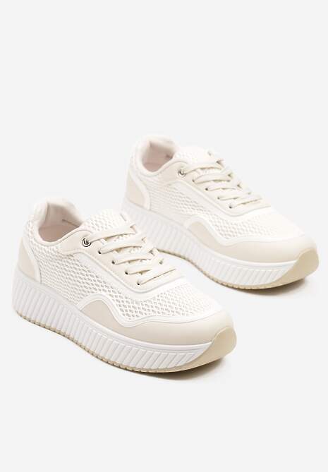 Beżowo-Białe Sneakersy na Tłoczonej Platformie Wilaria