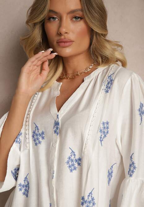 Biała Sukienka z Wiskozą o Kroju Oversize z Falbaną Zdobiona Haftem Ilanorin