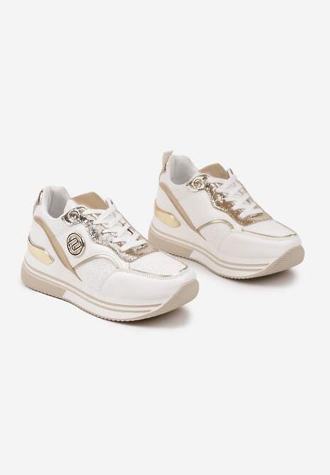 Biało-Złote Sneakersy z Metalicznymi Zdobieniami na Platformie Gonnella