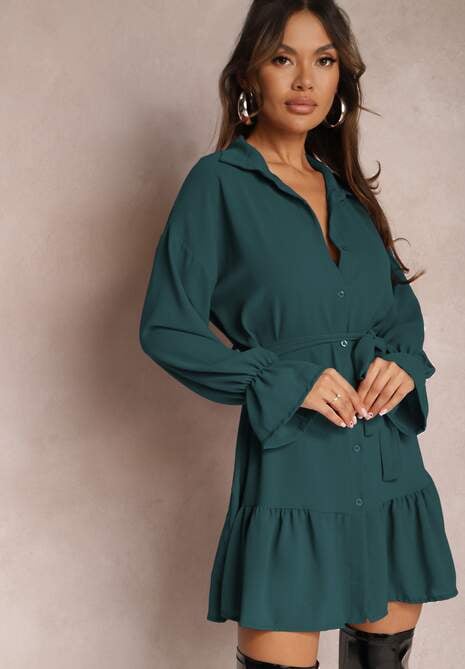 Ciemnozielona Koszulowa Sukienka Mini z Falbanką i Wiązanym Paskiem Blisotta