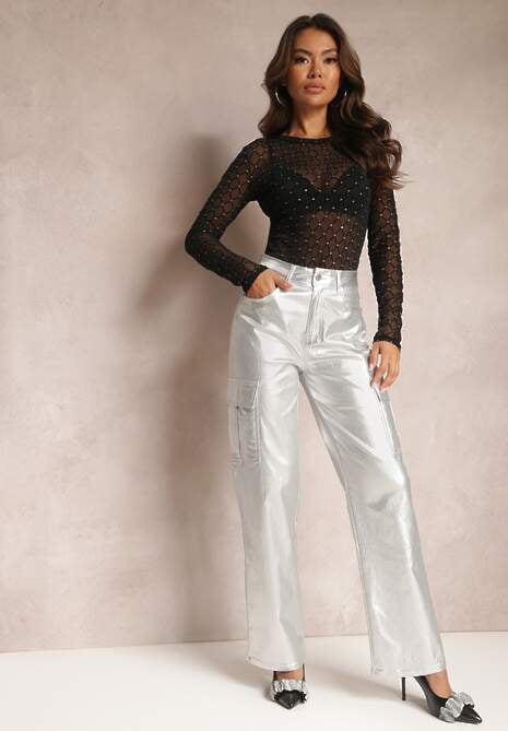 Srebrne Szerokie Spodnie Metaliczne w Stylu Bojówek Eamma