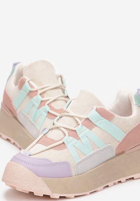 Beżowo-Fioletowe Sznurowane Płaskie Sneakersy z Kolorowymi Wstawkami z Ekoskóry Wonise