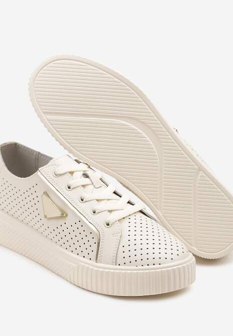 Beżowe Sneakersy Skórzane Ozdobione Aplikacją i Perforacją Nilairis