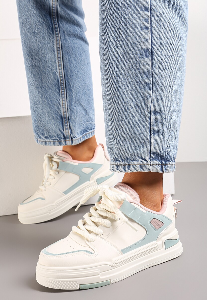 Biało-Niebieskie Sneakersy na Niskiej Platformie z Grubym Sznurowaniem i Podwójnym Językiem Minseja