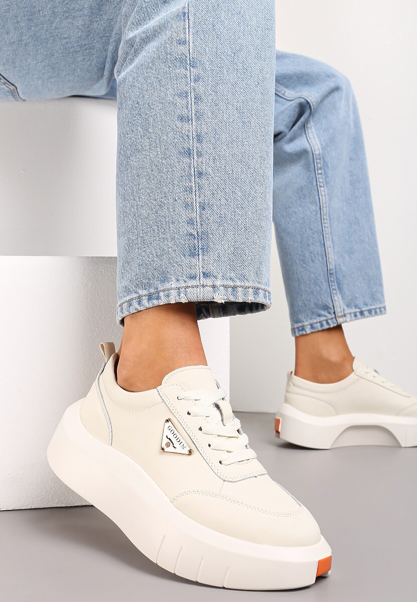 Białe Skórzane Sneakersy na Platformie z Niewielką Wstawką z Boku Renipa