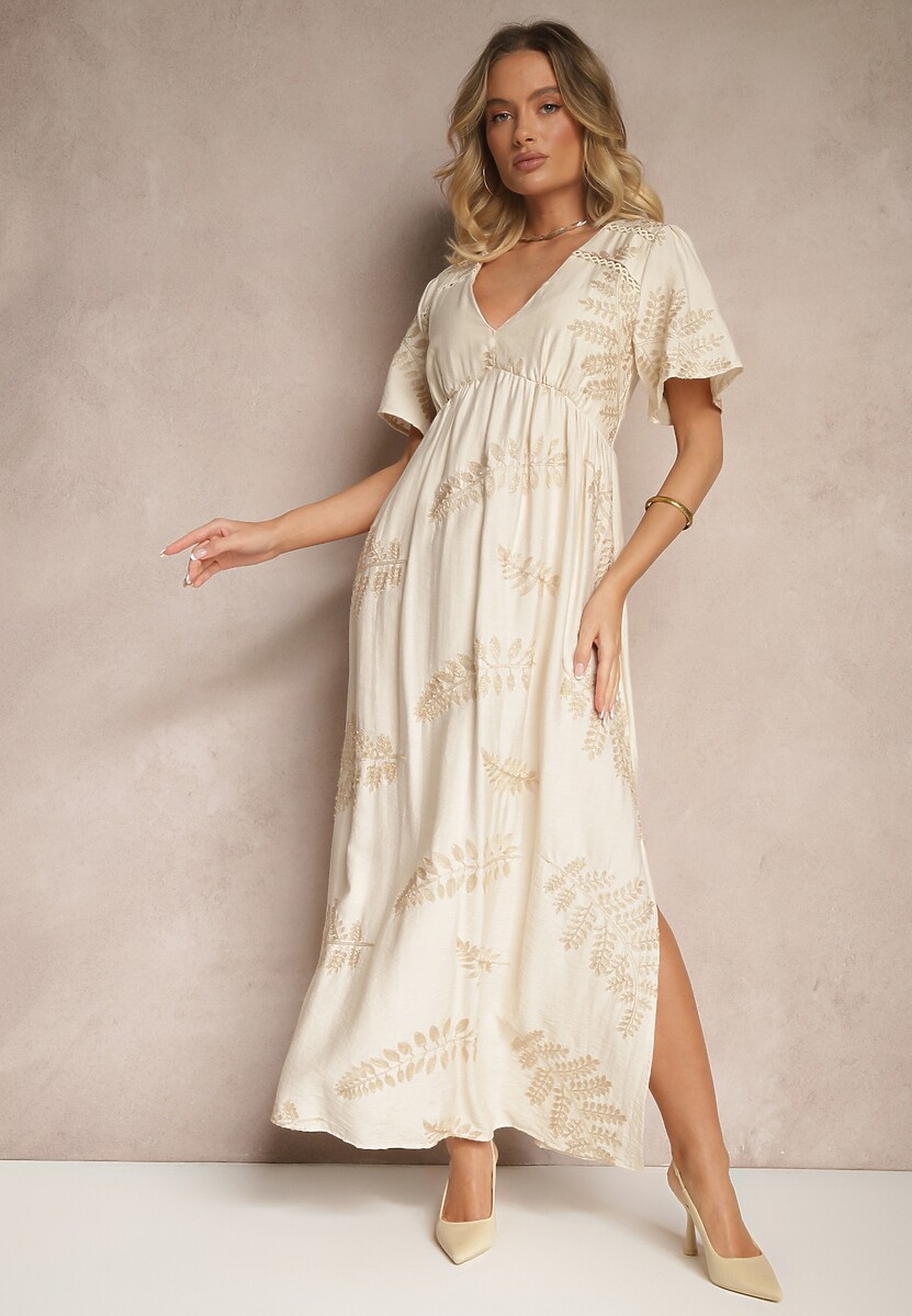 Beżowa Rozkloszowana Sukienka z Wiskozy Ozdobiona Haftowanymi Liśćmi Tirvesa