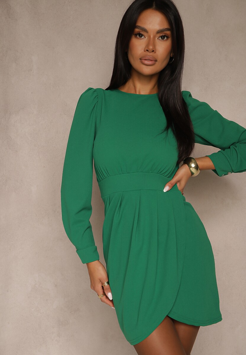 Zielona Sukienka Ozdobiona Bufiastymi Rękawami i Marszczeniem Vedelli