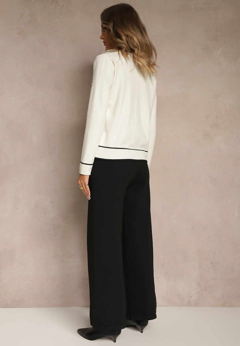 Jasnobeżowy Komplet z Dzianiny Spodnie Wide Leg i Retro Kardigan Giosila