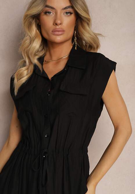 Czarna Koszulowa Sukienka z Wiskozy bez Rękawów ze Ściągaczem w Talii Noreviana