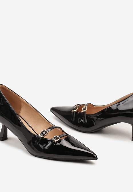 Czarne Czółenka na Szpilce Kaczuszki z Paskami Zapinanymi na Sprzączki Lilanna