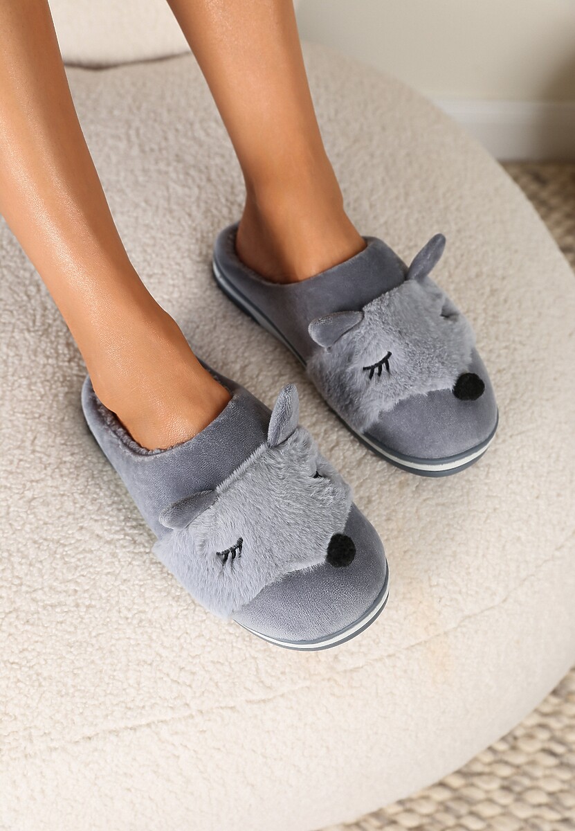 Szare Kapcie z Futerkiem i Imitacją Uszu Bervenka