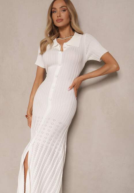 Biała Wiskozowa Sukienka z Guzikami i Kołnierzykiem Zdobiona Koronką Alanella