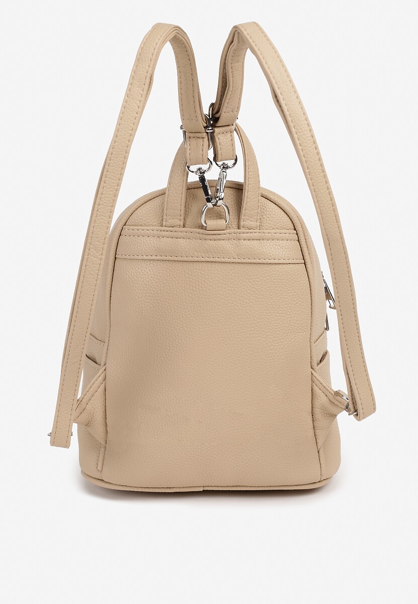 Ciemnobeżowy Mały Plecak z Kieszonką na Suwak i Ozdobnymi Napisami Iottasa