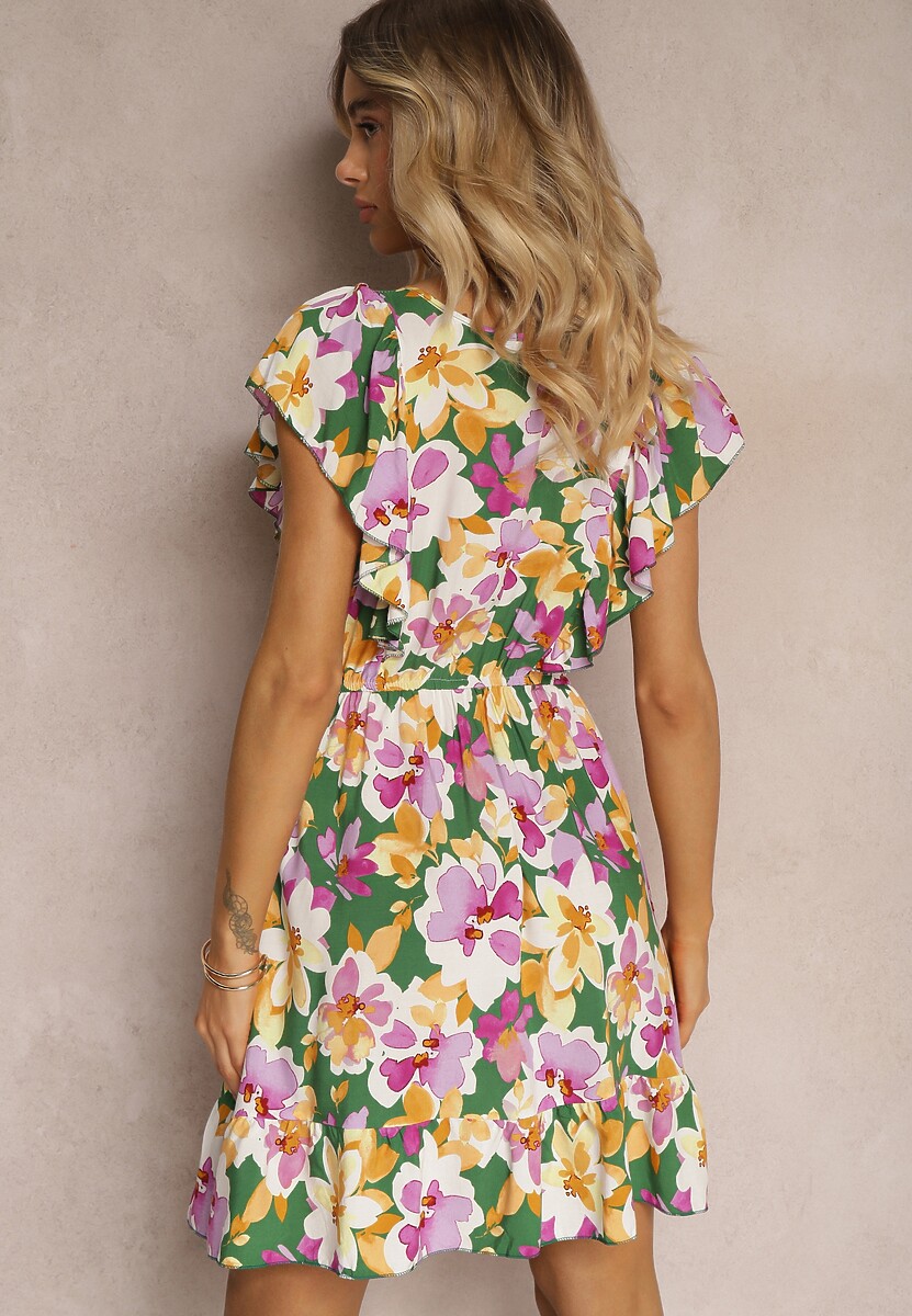 Zielono-Różowa Taliowana Bawełniana Sukienka w Kwiaty z Falbanami przy Ramionach z Gumką w Talii Nelova